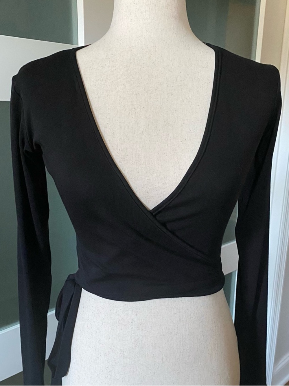 Women's Black V Neck Wrap Around Tie Top